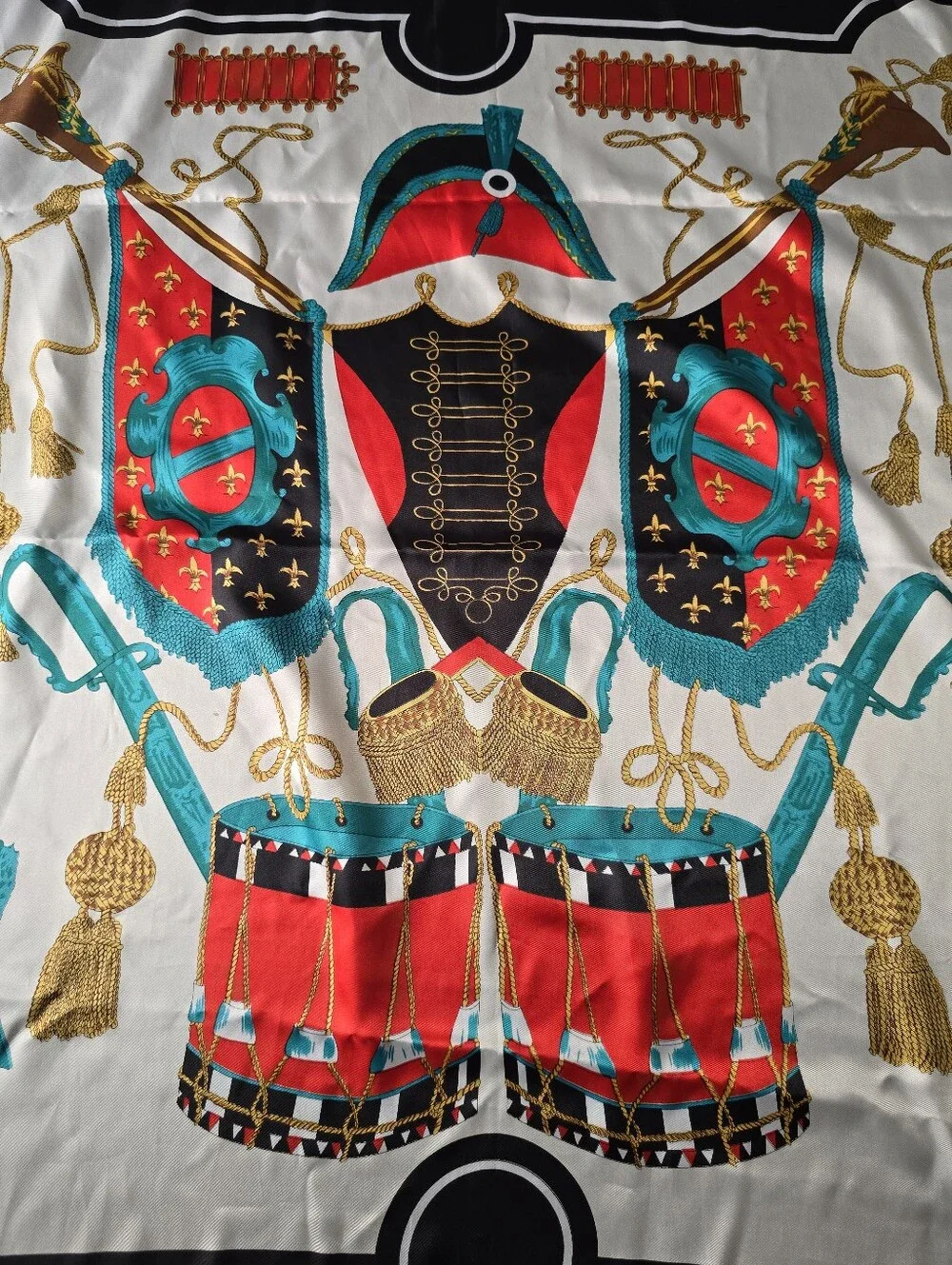 Large Scarf Napoleonic Military Drum Tassel Print Red Teal Black Gold Square 35
